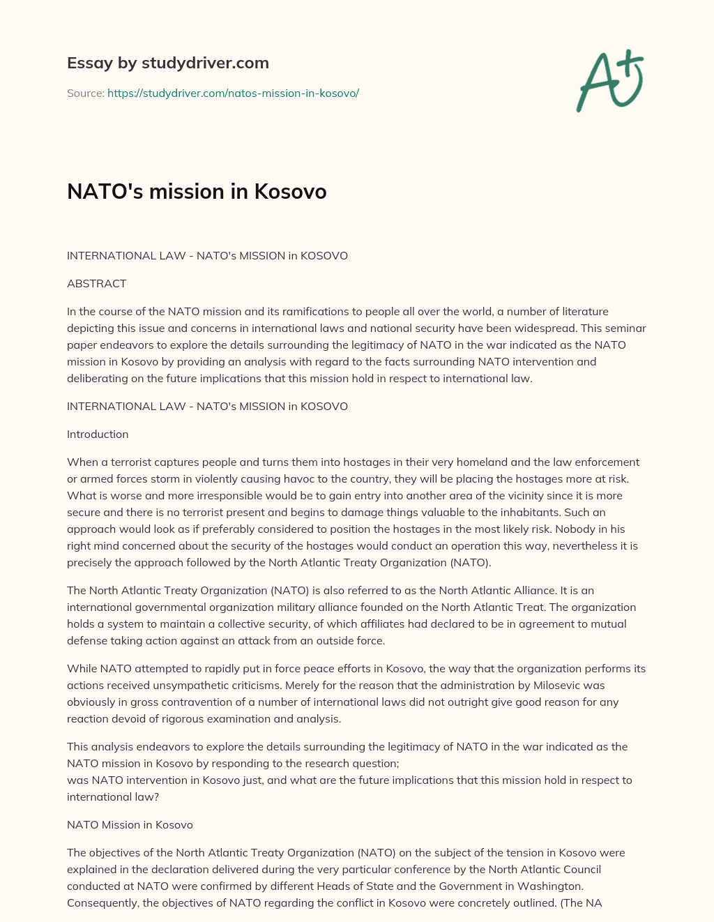 NATO’s Mission in Kosovo essay