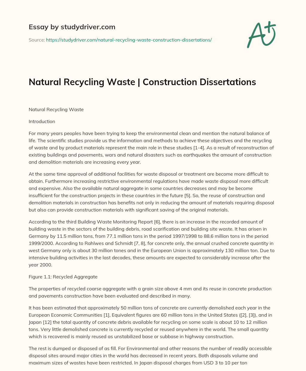 Natural Recycling Waste | Construction Dissertations essay