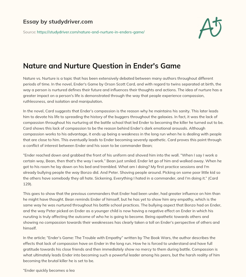 Nature and Nurture Question in Ender’s Game essay
