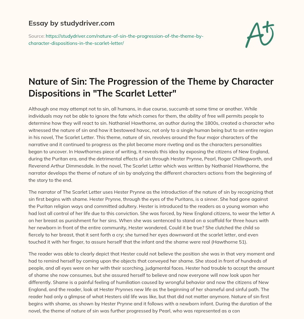 Nature of Sin: the Progression of the Theme by Character Dispositions in “The Scarlet Letter” essay