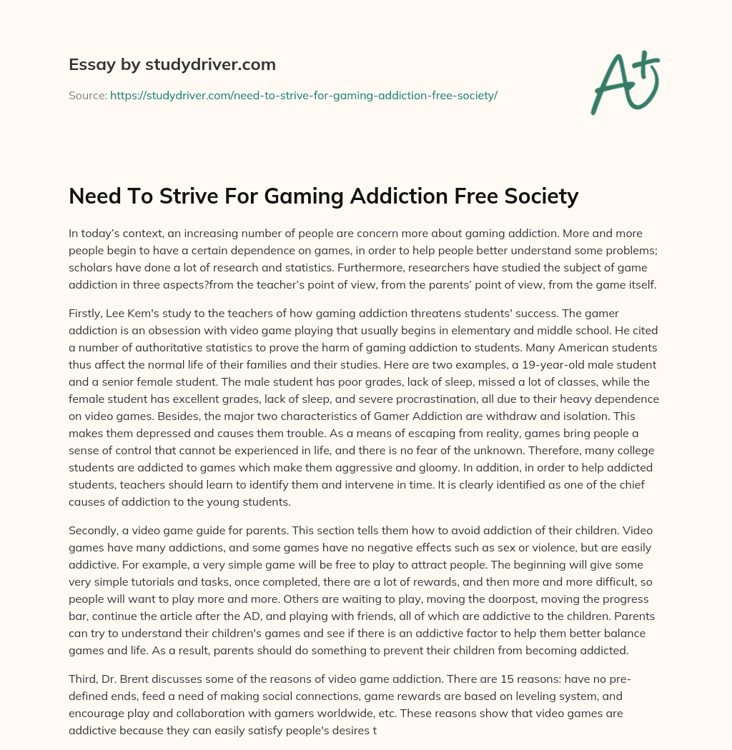Need to Strive for Gaming Addiction Free Society essay