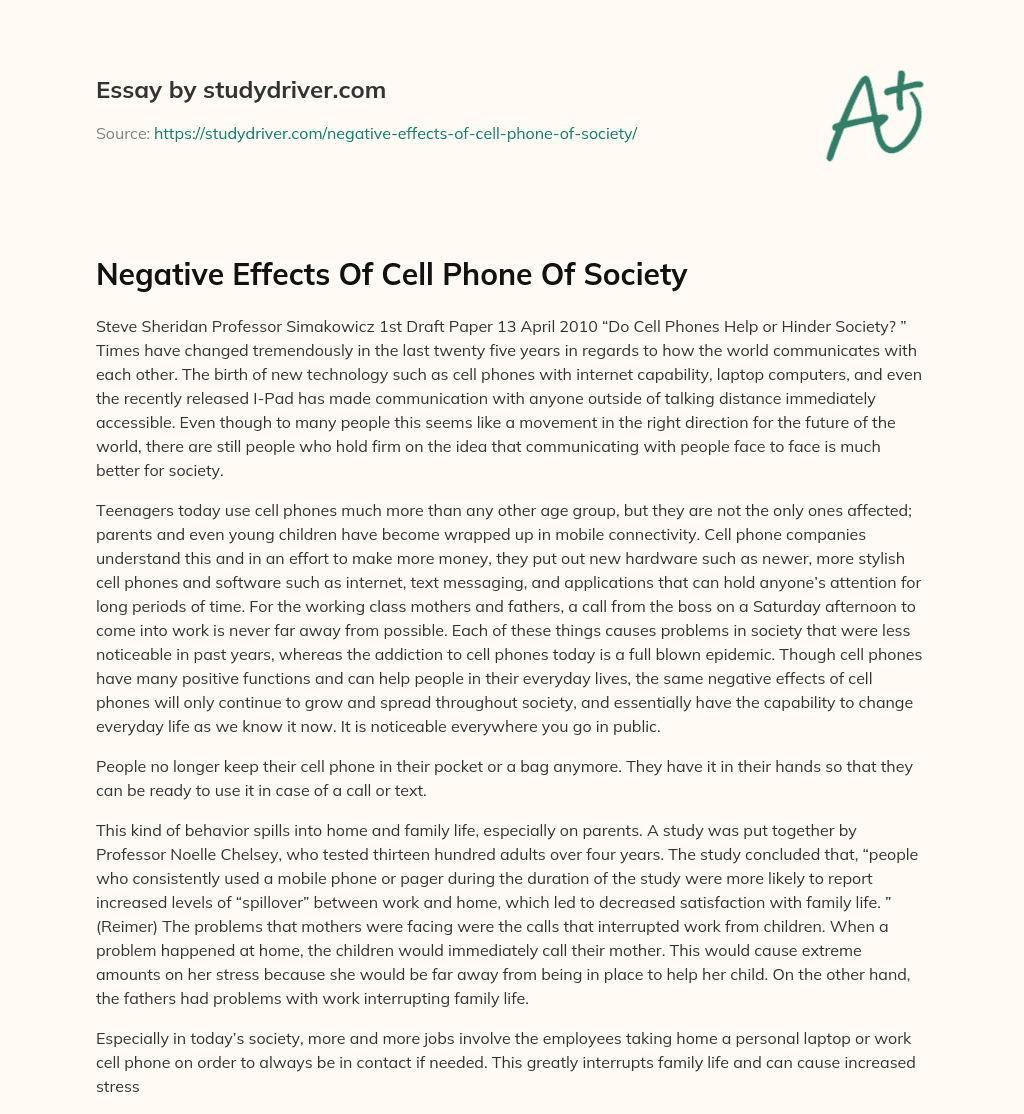 Negative Effects of Cell Phone of Society essay