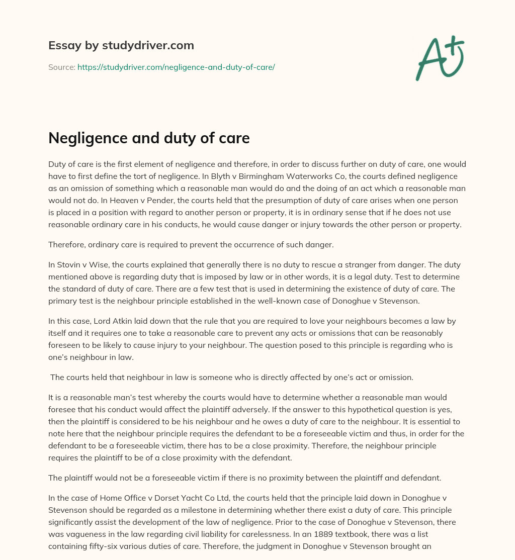 Negligence and Duty of Care essay