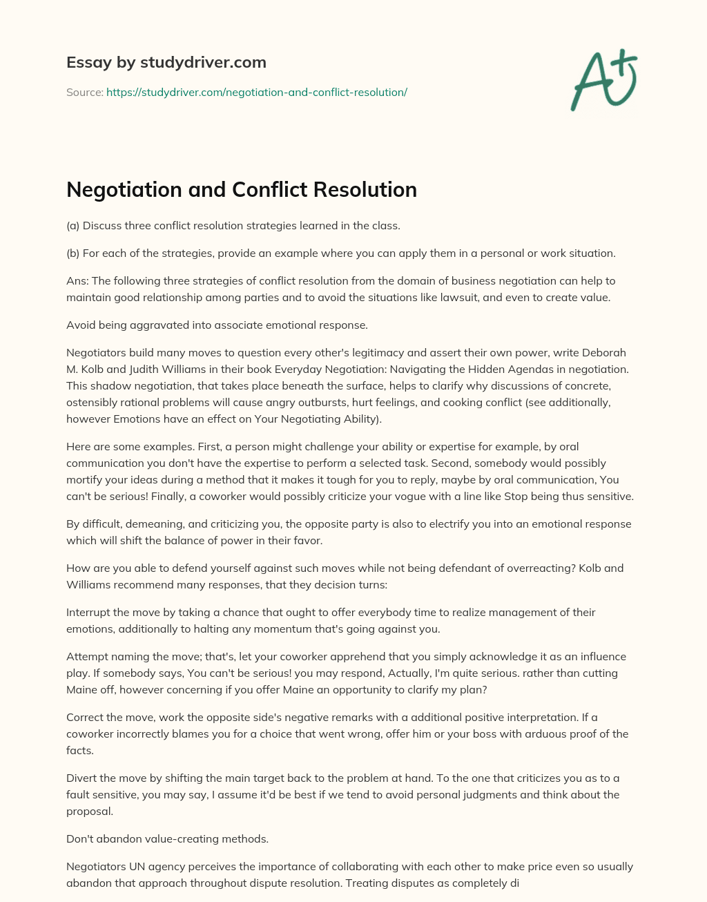 Negotiation and Conflict Resolution essay