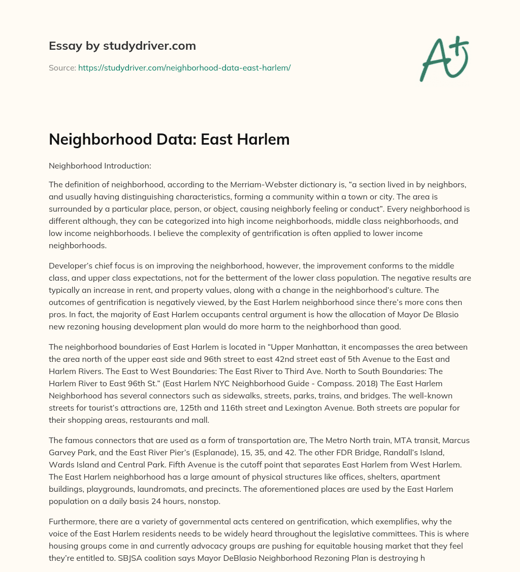 Neighborhood Data: East Harlem essay