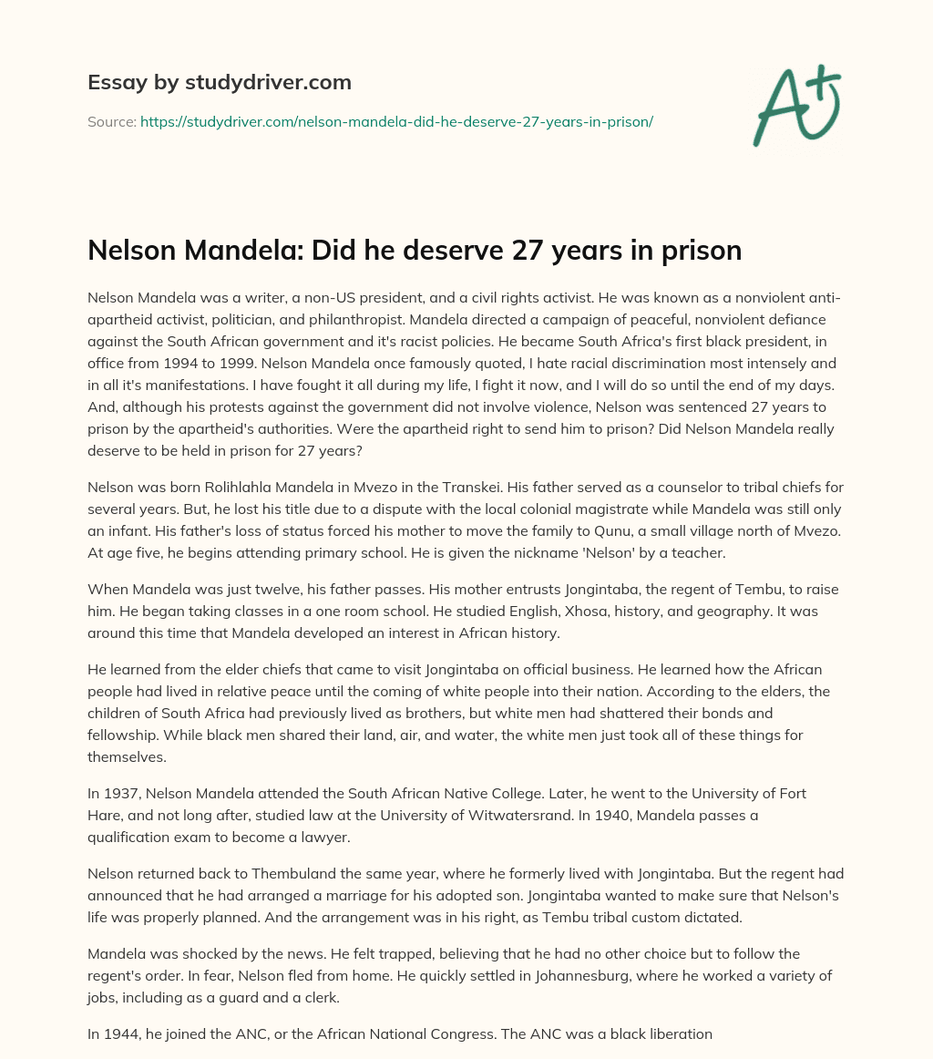Nelson Mandela: did he Deserve 27 Years in Prison essay