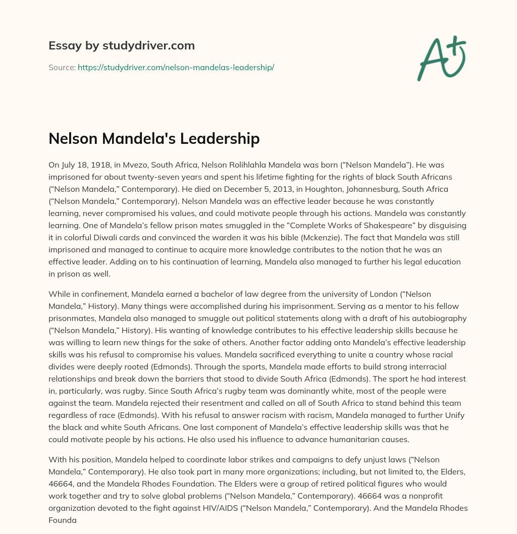 Nelson Mandela’s Leadership essay