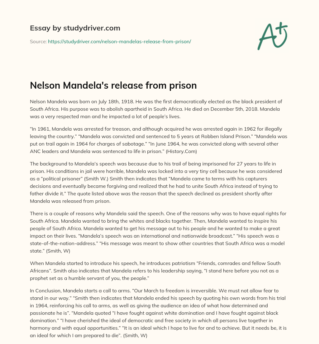Nelson Mandela’s Release from Prison essay