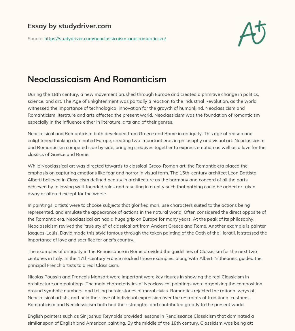 Neoclassicaism and Romanticism essay