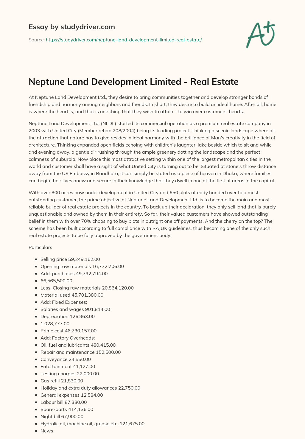 Neptune Land Development Limited – Real Estate essay