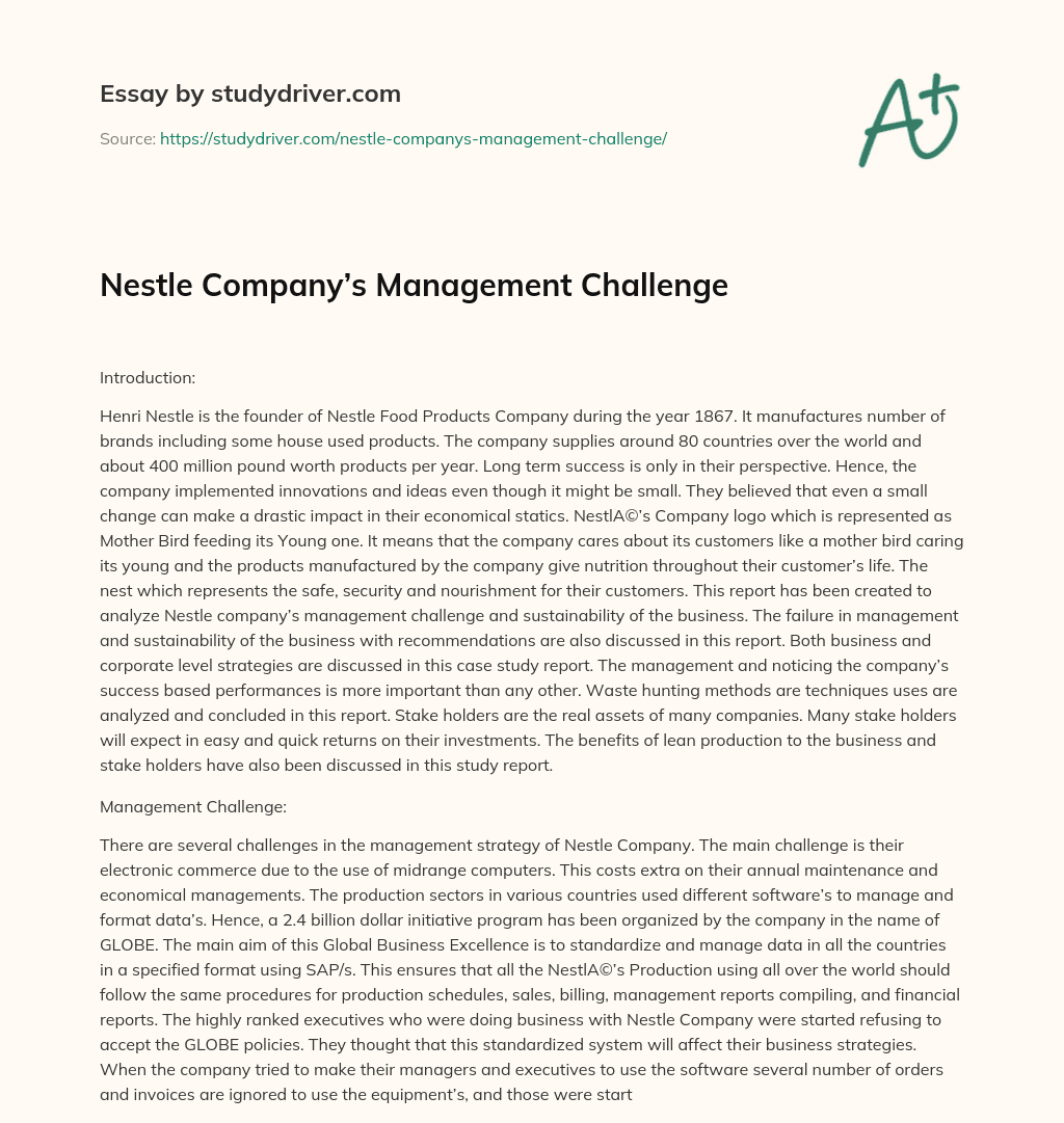 Nestle Company’s Management Challenge essay