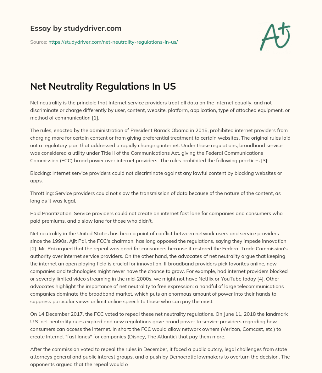 Net Neutrality Regulations in US essay