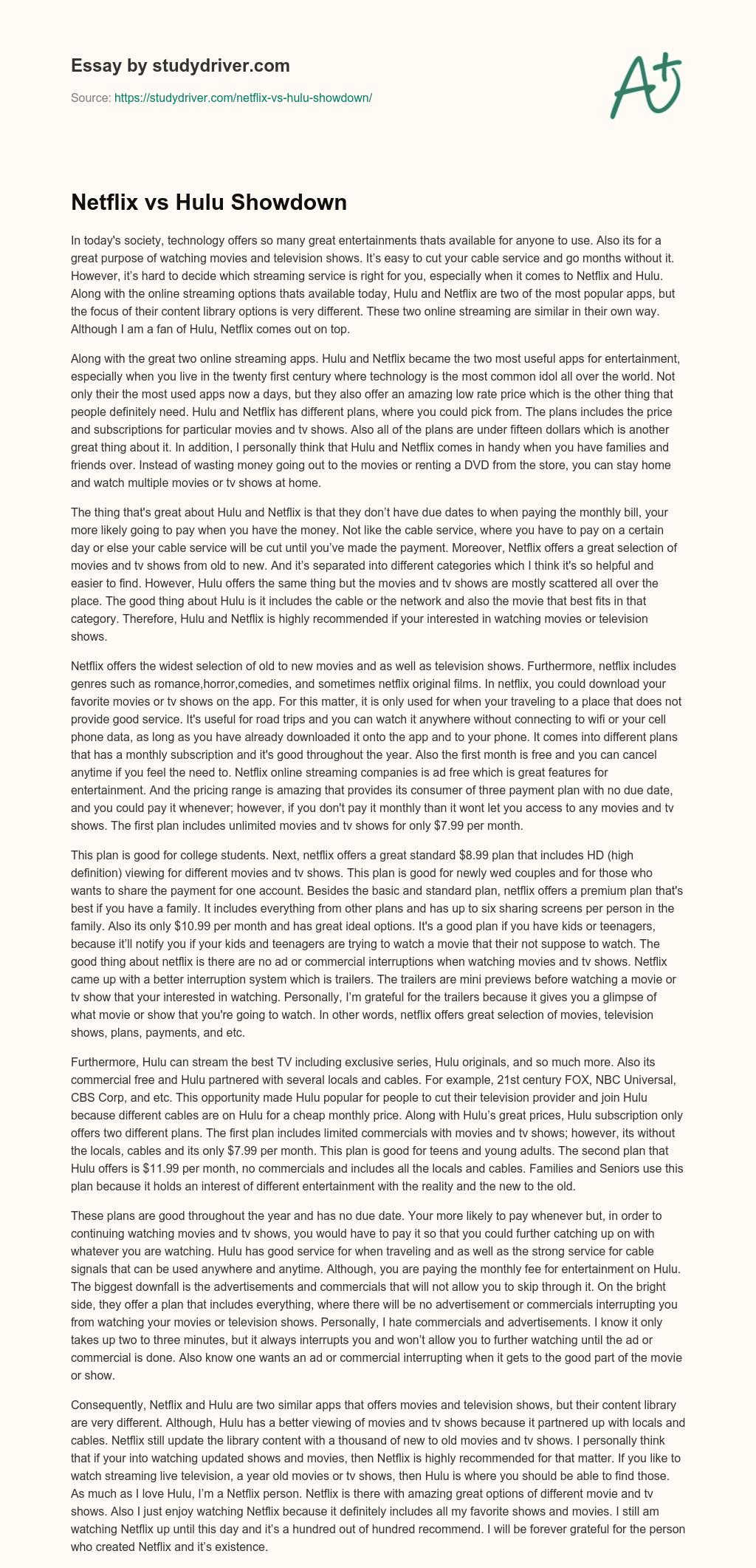 Netflix Vs Hulu Showdown essay