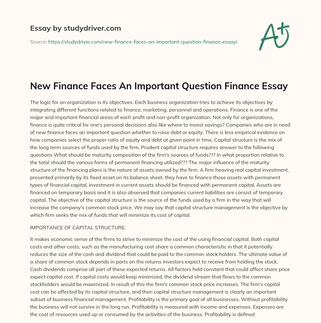 New Finance Faces an Important Question Finance Essay essay