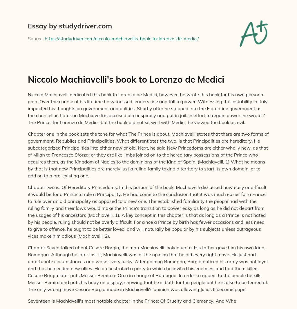 Niccolo Machiavelli’s Book to Lorenzo De Medici essay