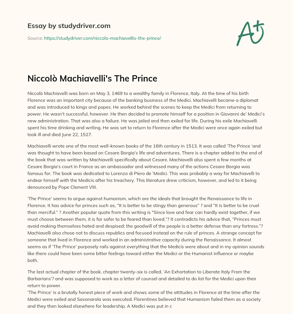 Niccolò Machiavelli’s the Prince essay