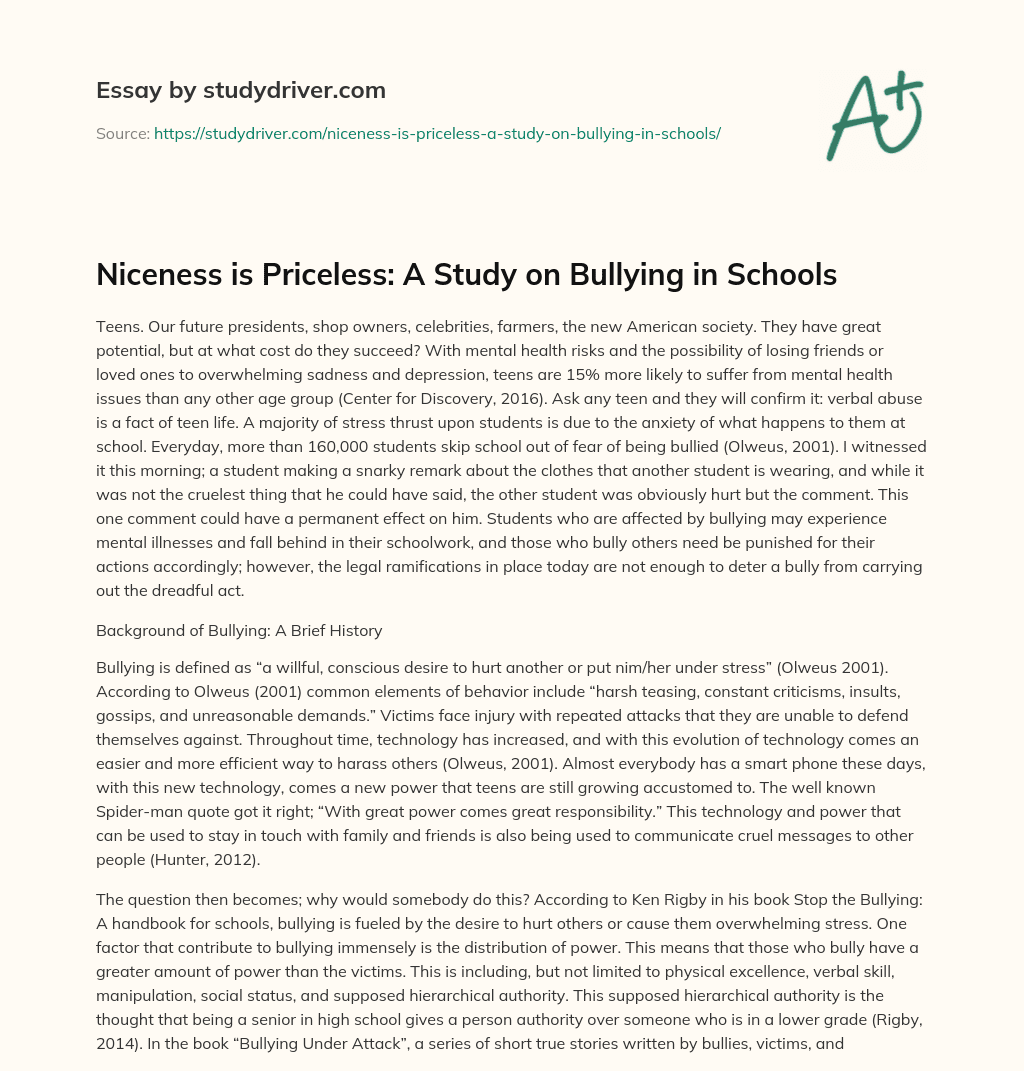 Niceness is Priceless: a Study on Bullying in Schools essay