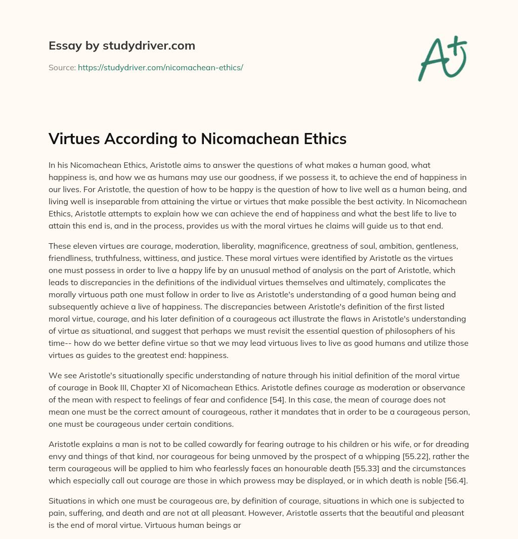 Virtues According to Nicomachean Ethics essay