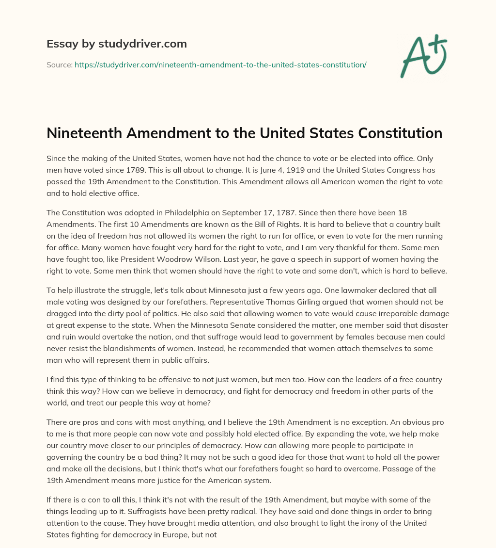 Nineteenth Amendment to the United States Constitution essay