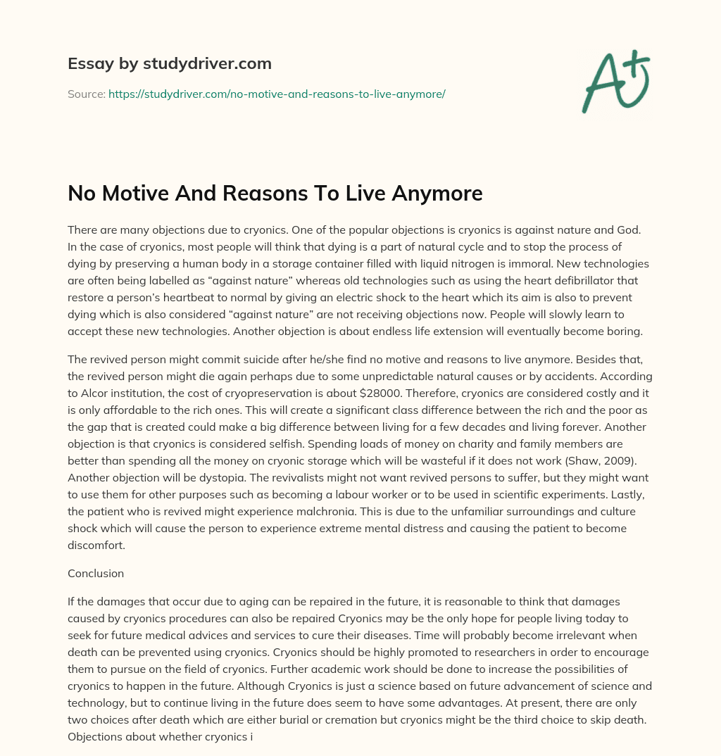No Motive and Reasons to Live Anymore essay