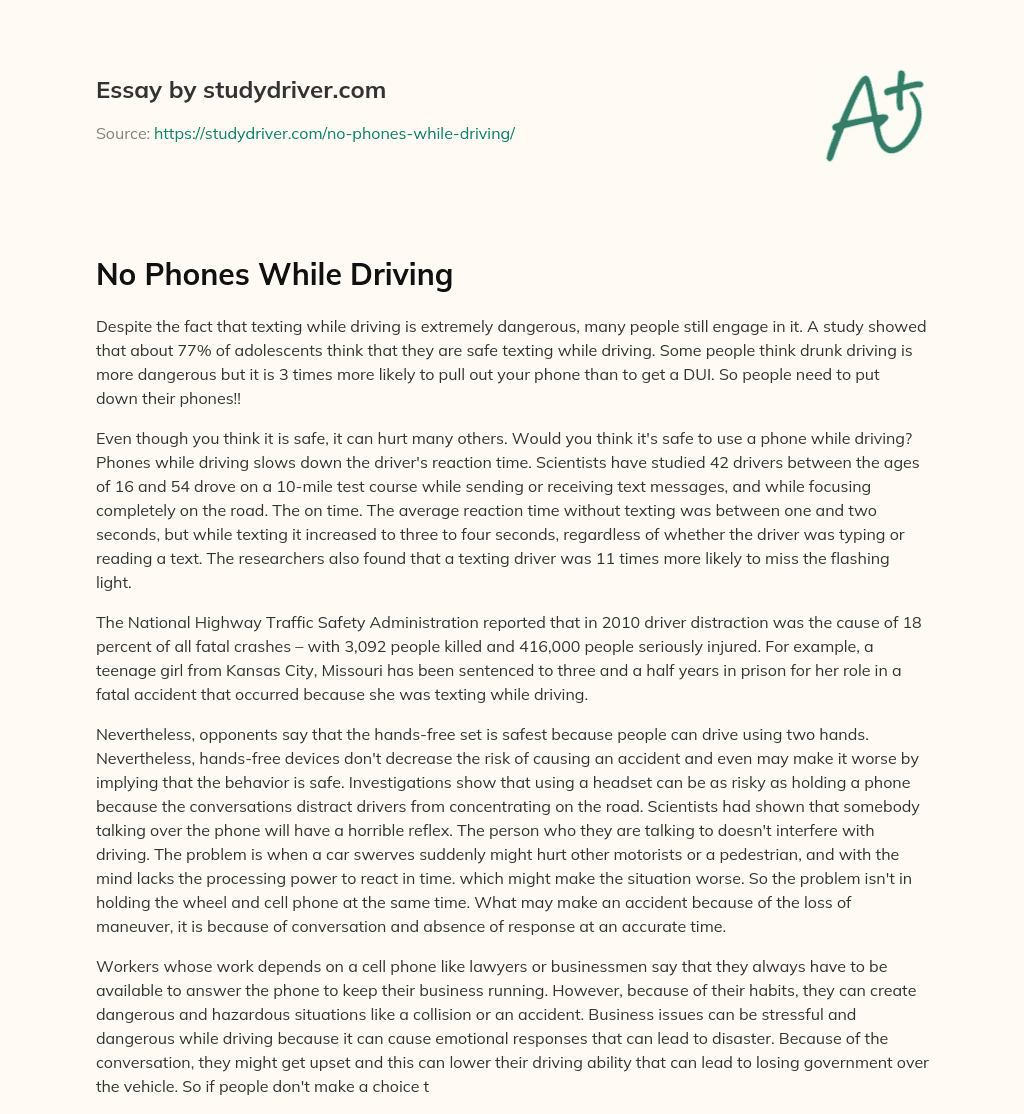 No Phones while Driving essay