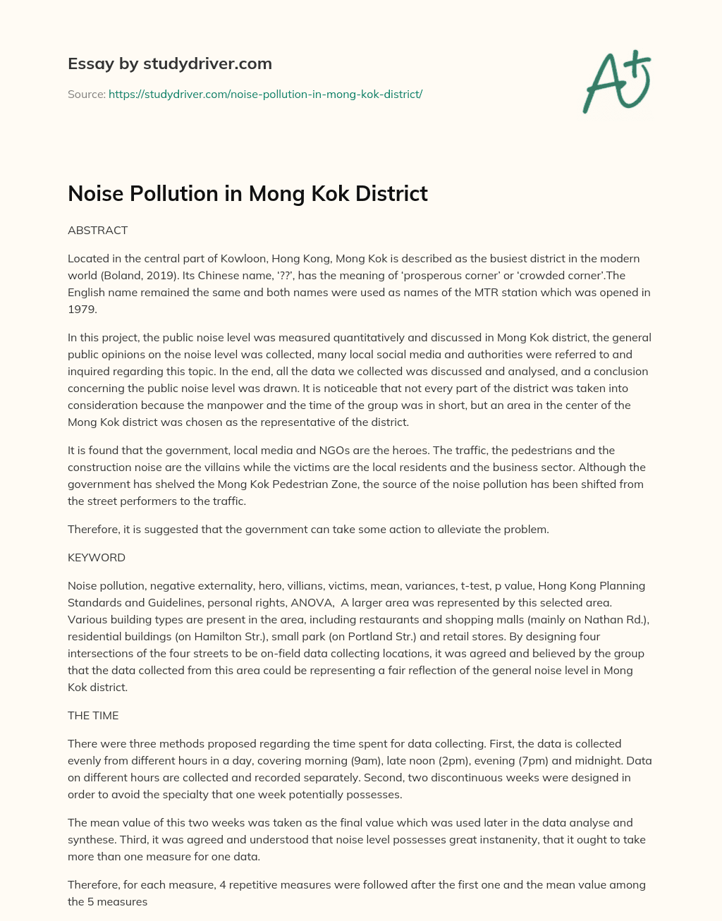 Noise Pollution in Mong Kok District  essay