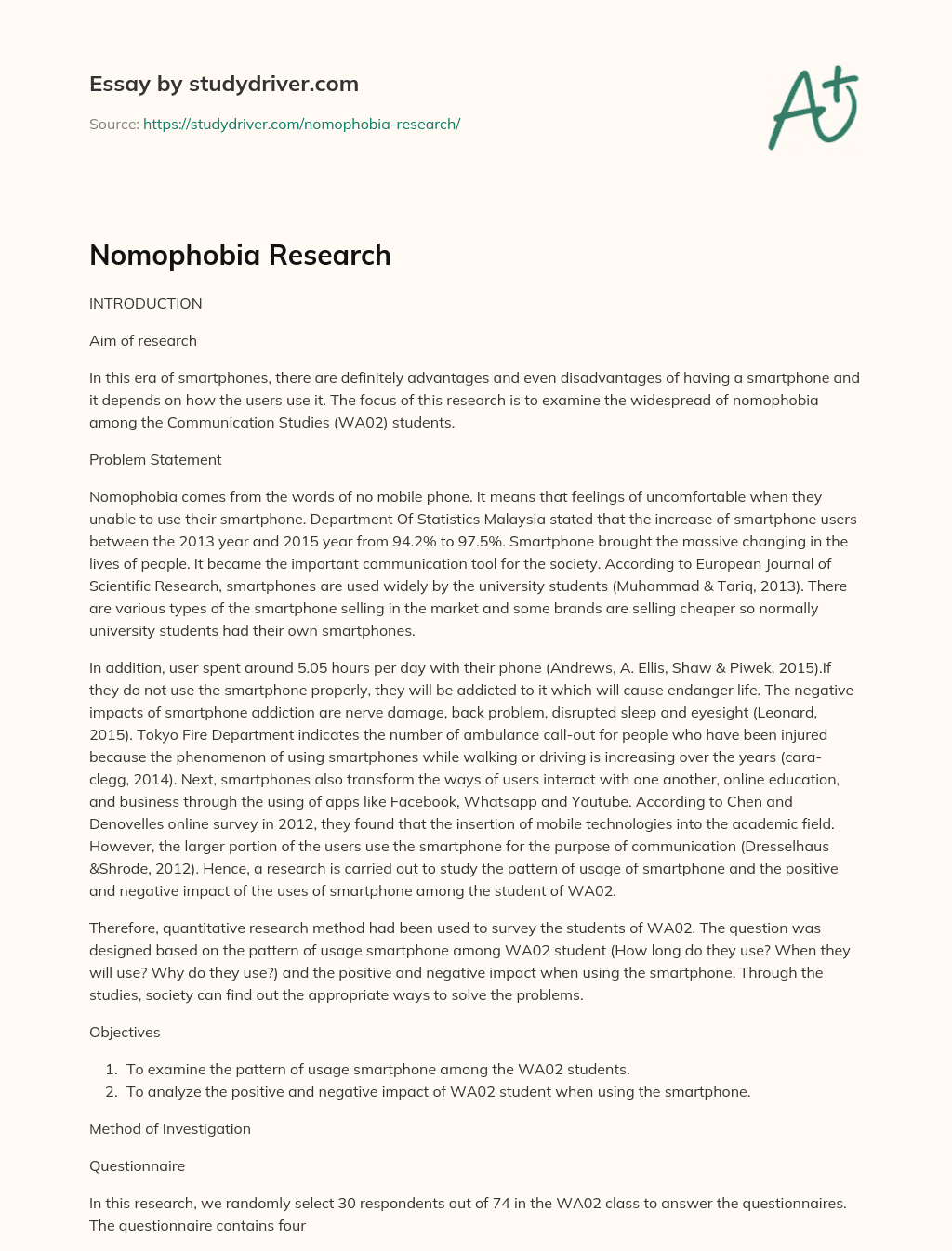 Nomophobia Research essay