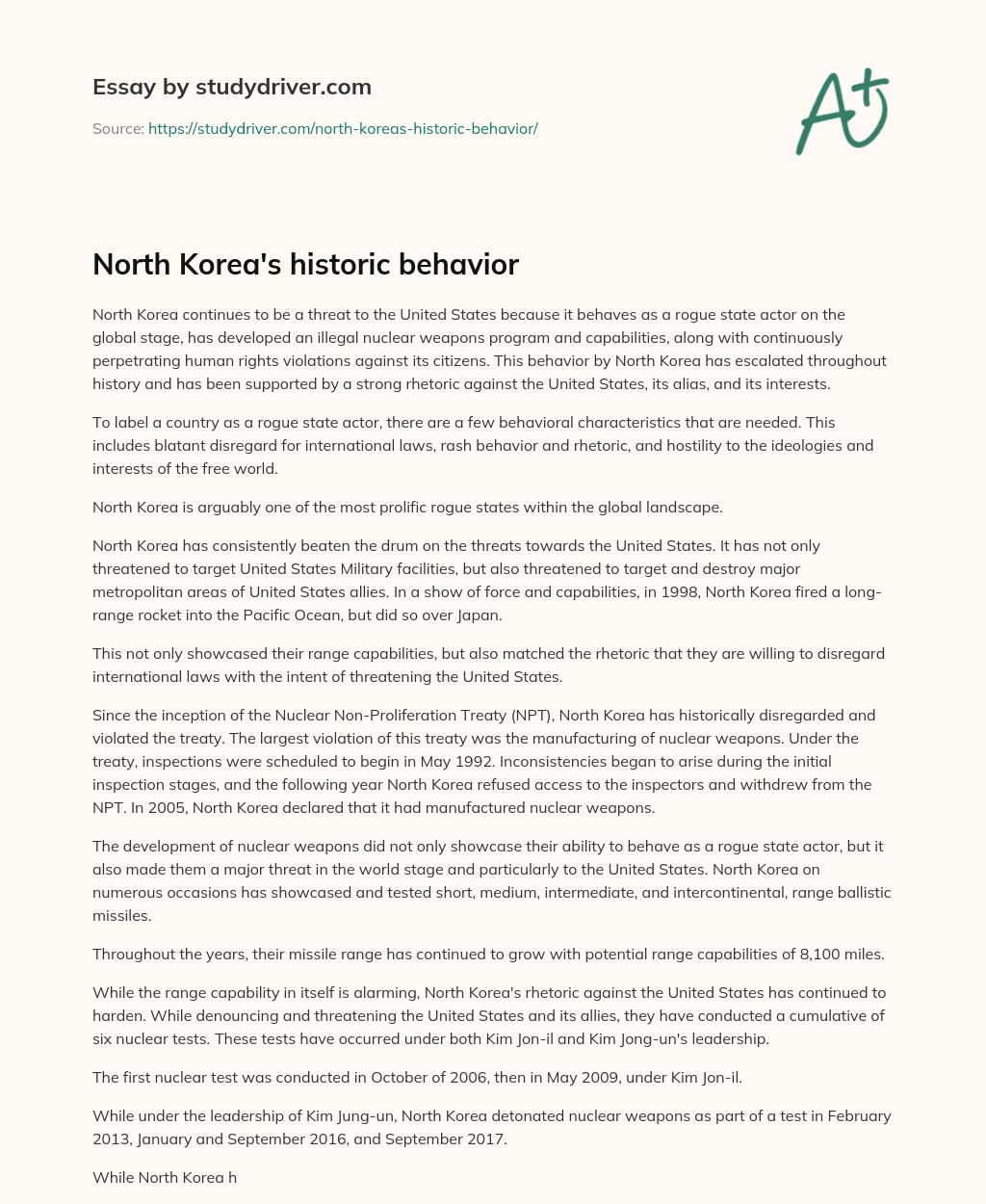 North Korea’s Historic Behavior essay