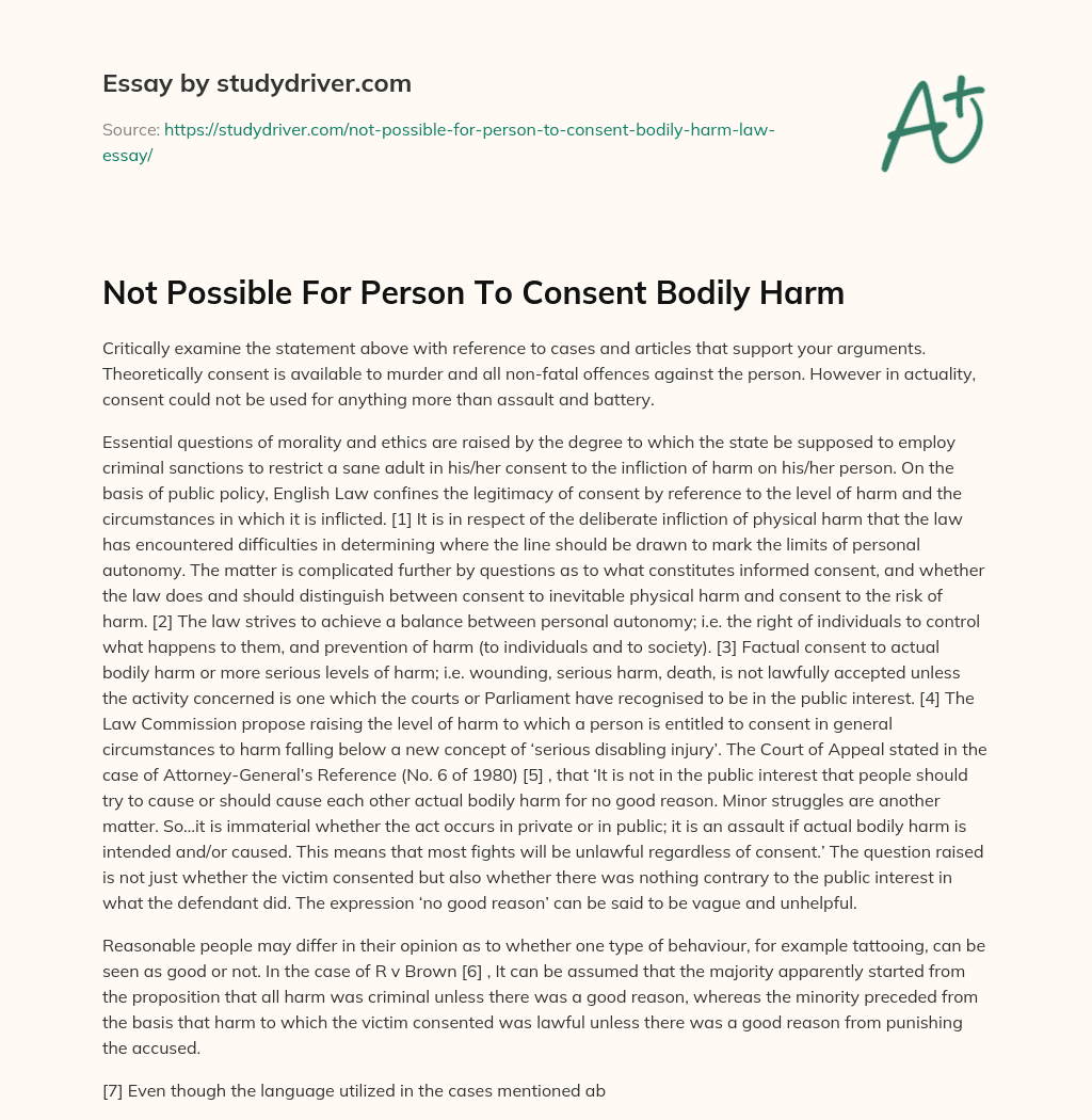 Not Possible for Person to Consent Bodily Harm essay
