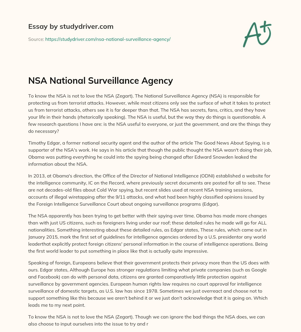 NSA National Surveillance Agency essay