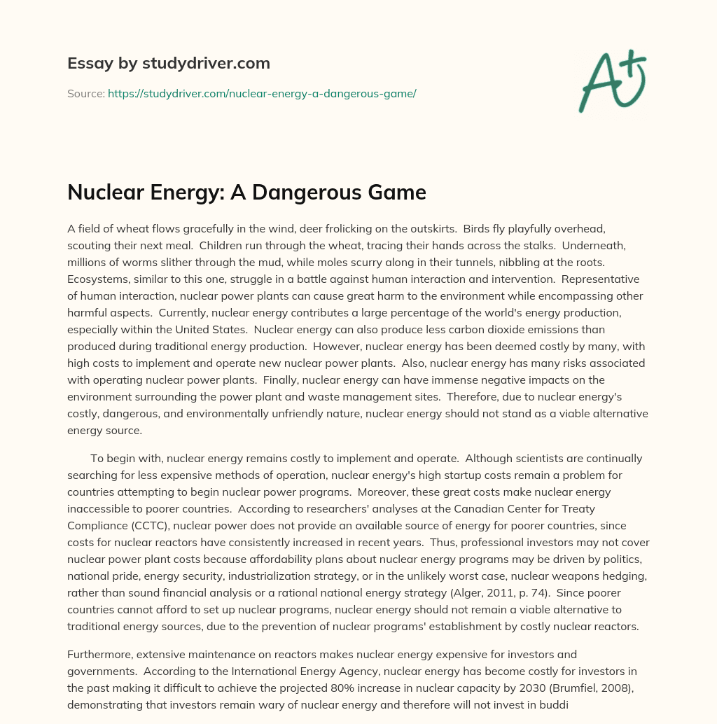 Nuclear Energy: a Dangerous Game essay