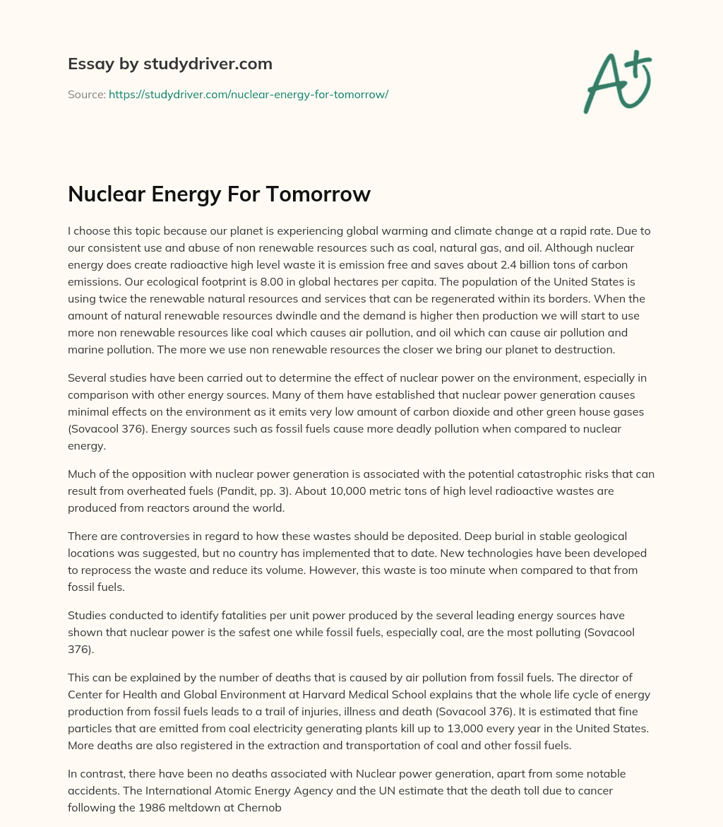 Nuclear Energy for Tomorrow essay