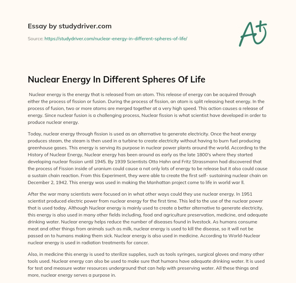 Nuclear Energy in Different Spheres of Life essay