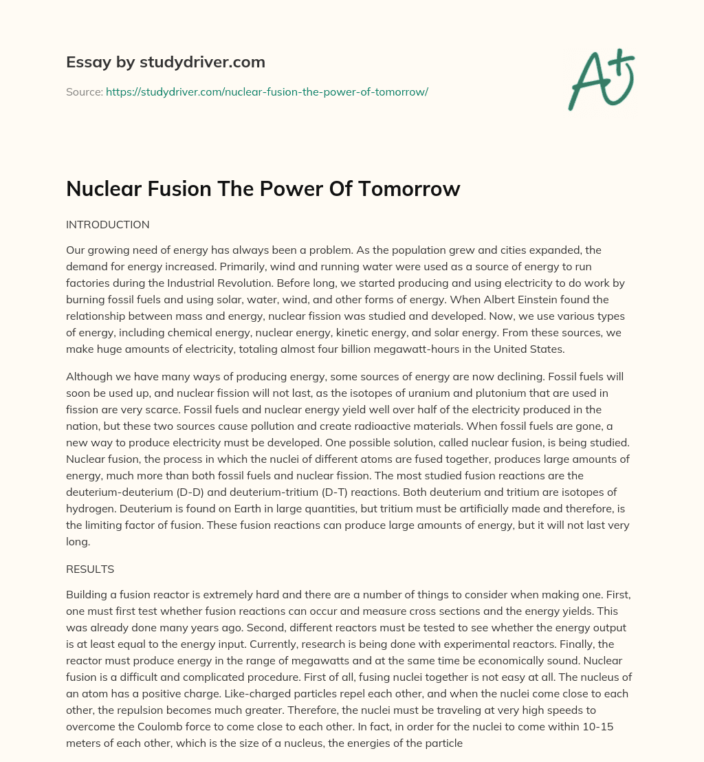 Nuclear Fusion the Power of Tomorrow essay
