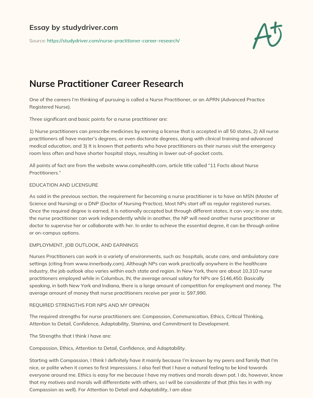 Nurse Practitioner Career Research essay