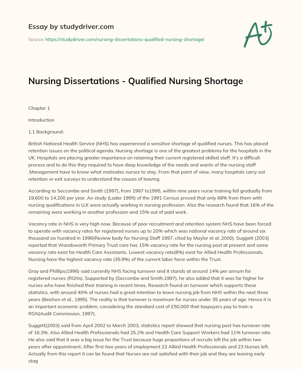 Nursing Dissertations – Qualified Nursing Shortage essay