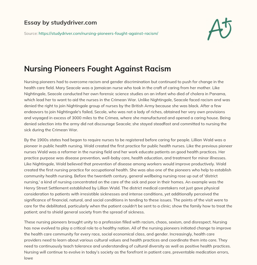 Nursing Pioneers Fought against Racism essay