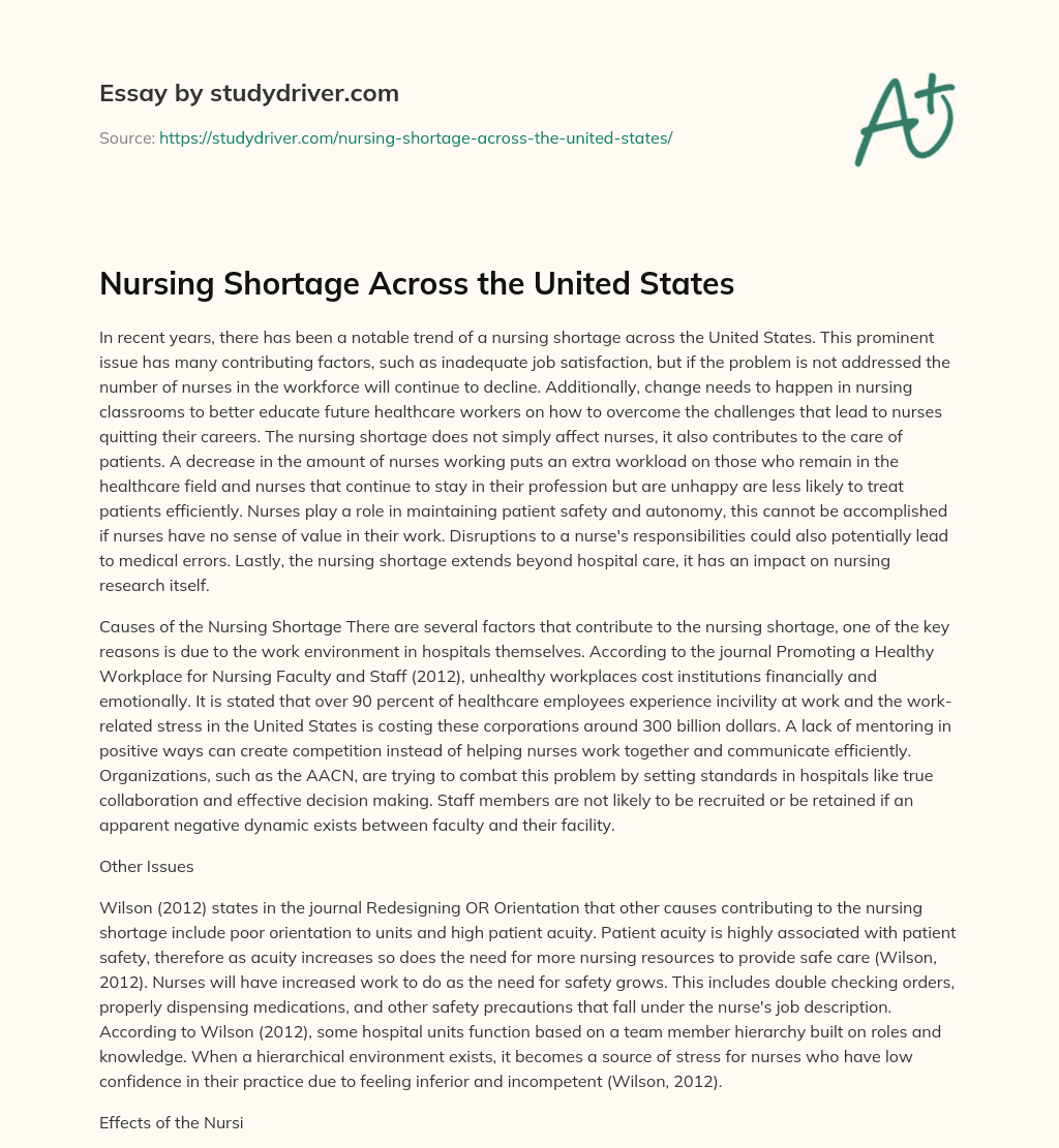 Nursing Shortage Across the United States essay