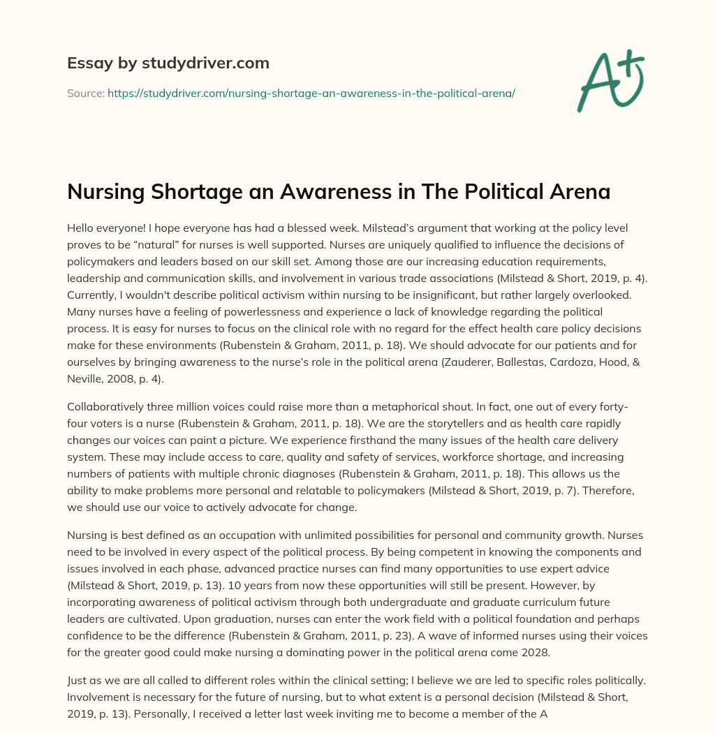 Nursing Shortage an Awareness in the Political Arena essay