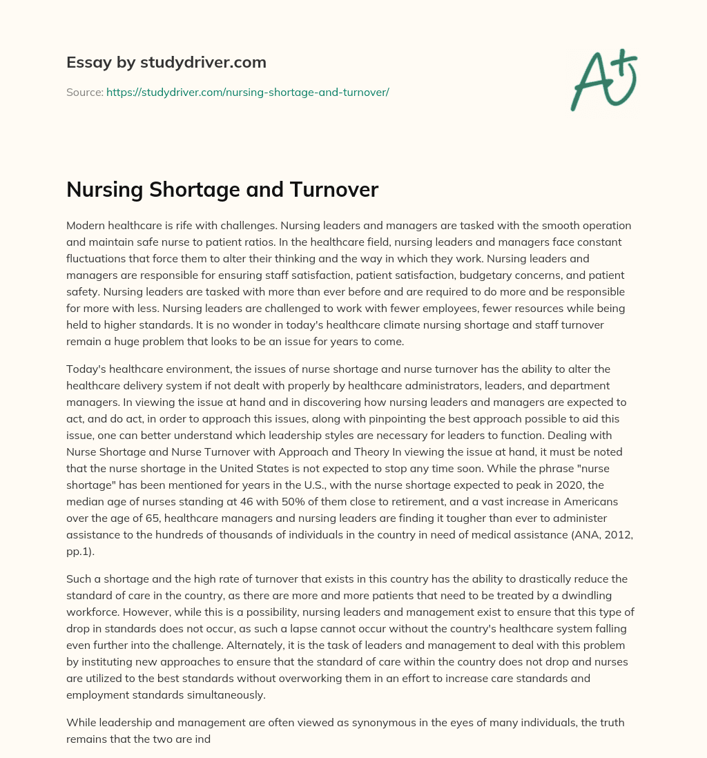 Nursing Shortage and Turnover essay