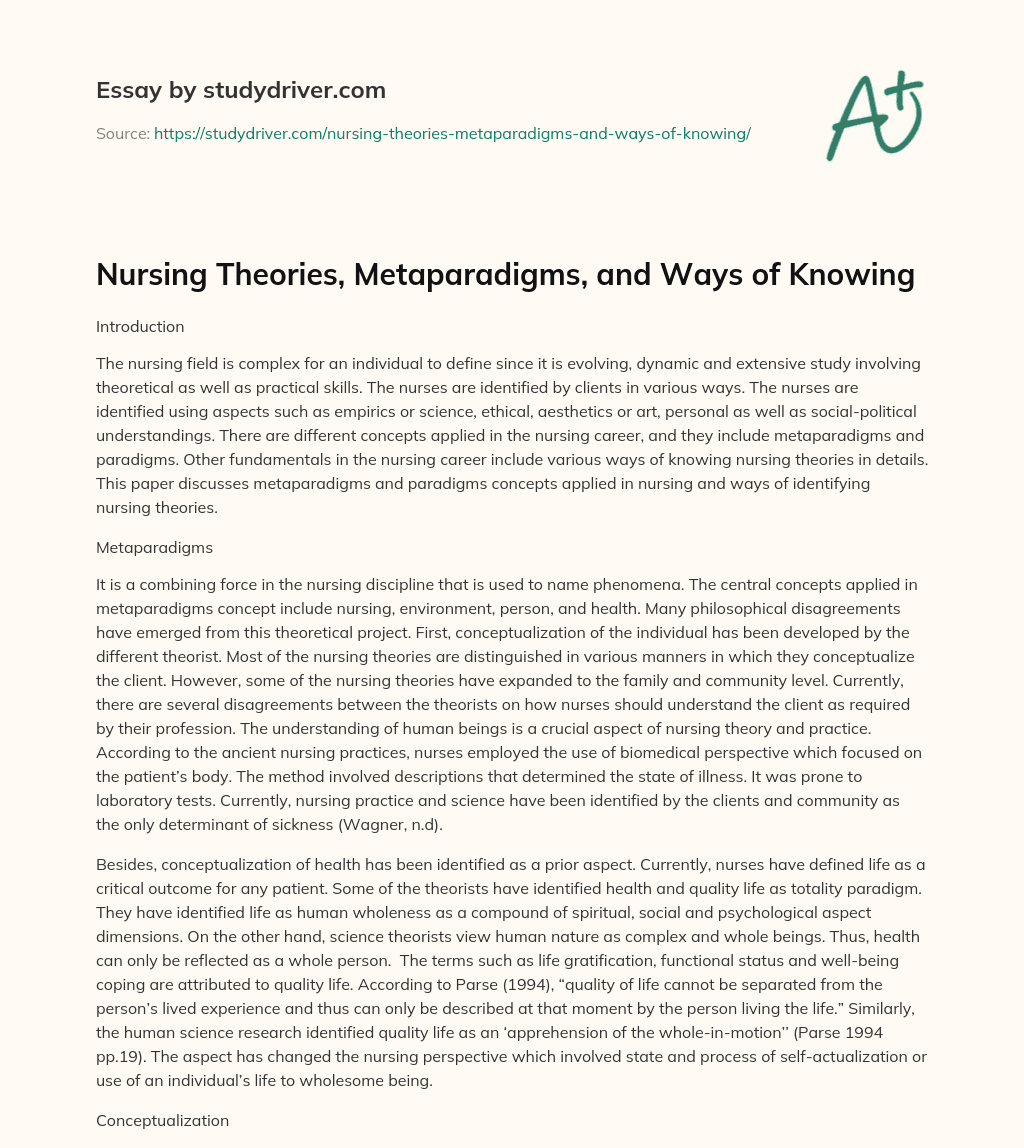 Nursing Theories, Metaparadigms, and Ways of Knowing essay