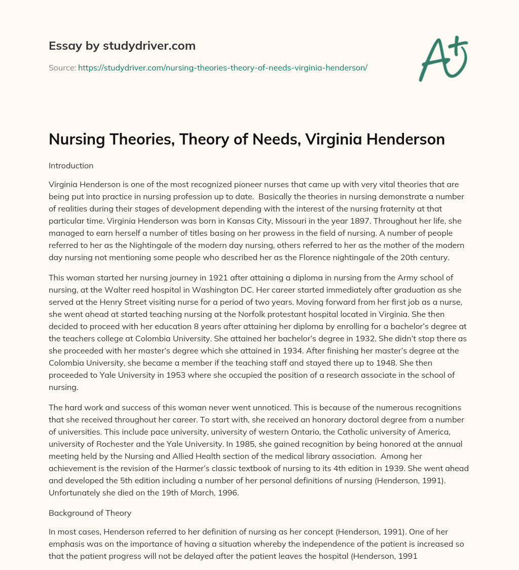 Nursing Theories, Theory of Needs, Virginia Henderson essay