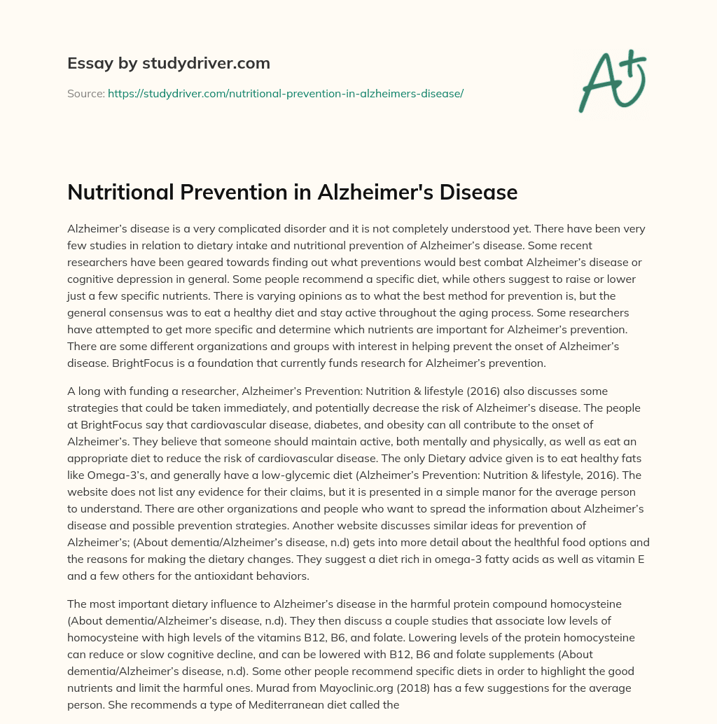 Nutritional Prevention in Alzheimer’s Disease essay