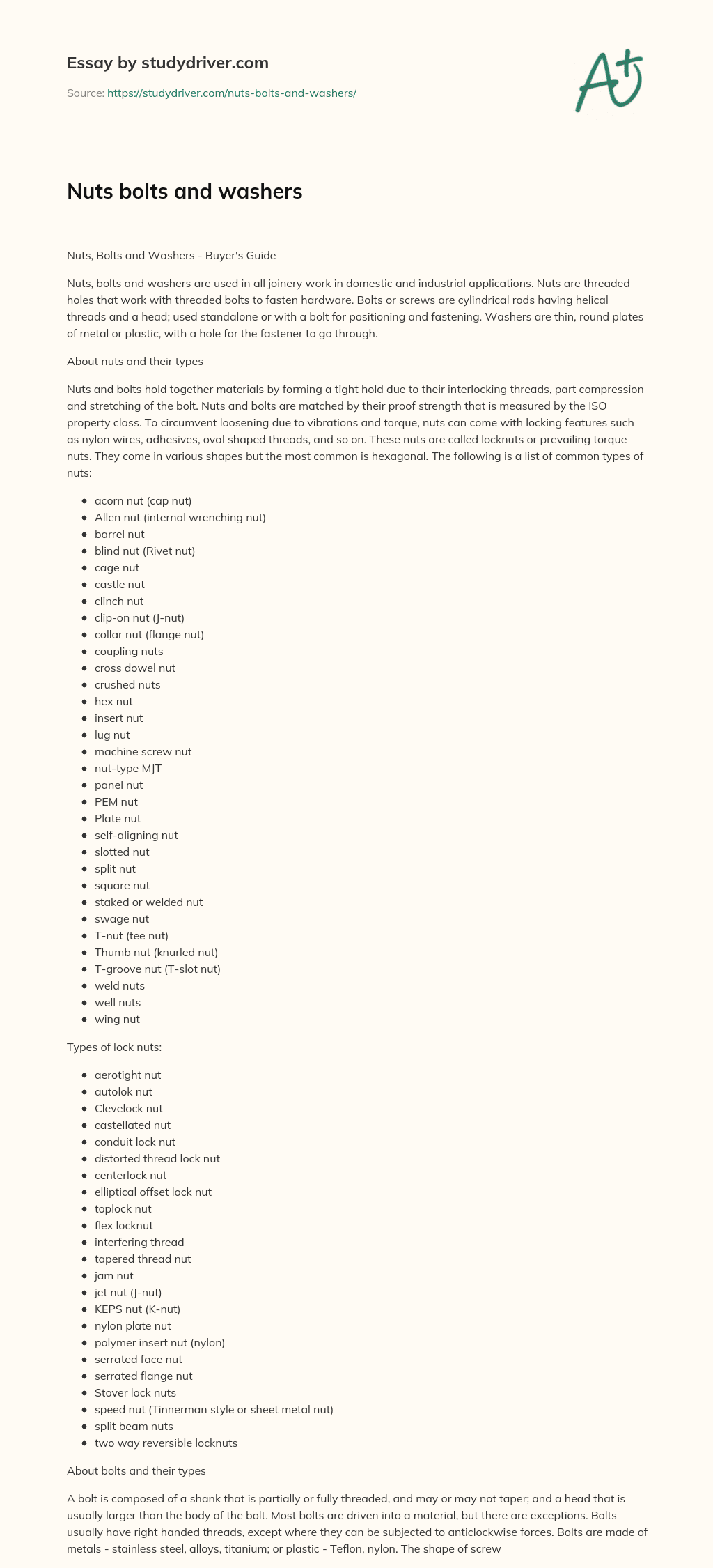 Nuts Bolts and Washers essay