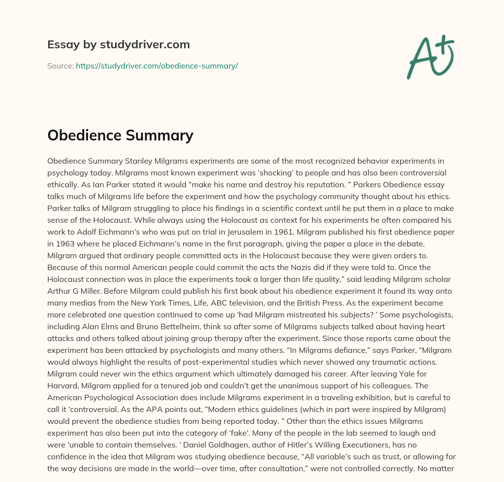 Obedience Summary essay