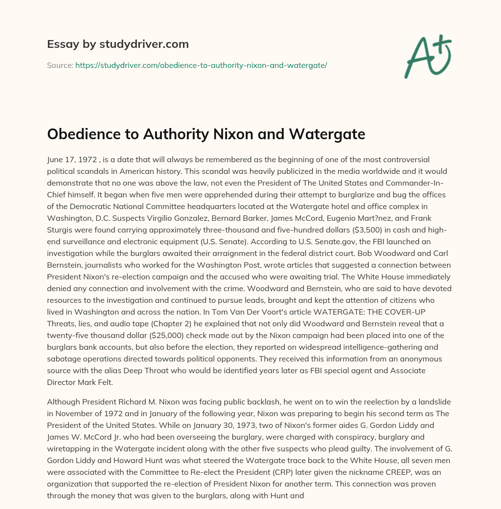 Obedience to Authority Nixon and Watergate essay