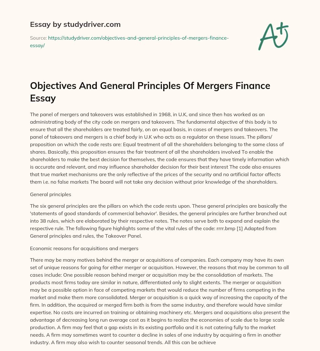 Objectives and General Principles of Mergers Finance Essay essay
