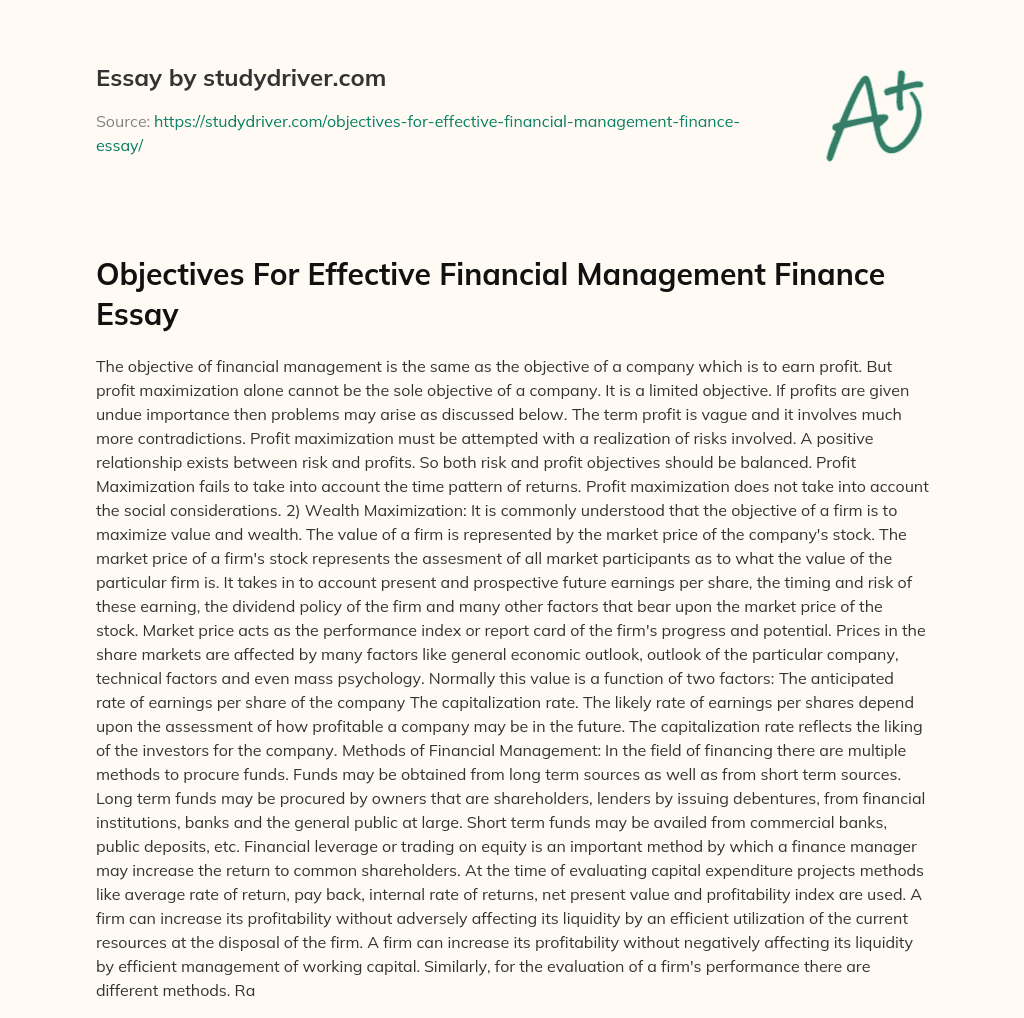 Objectives for Effective Financial Management Finance Essay essay
