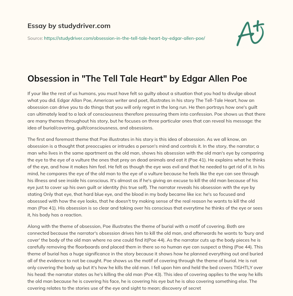 Obsession in “The Tell Tale Heart” by Edgar Allen Poe essay