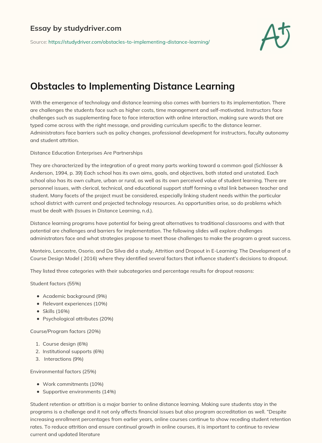 Obstacles to Implementing Distance Learning essay